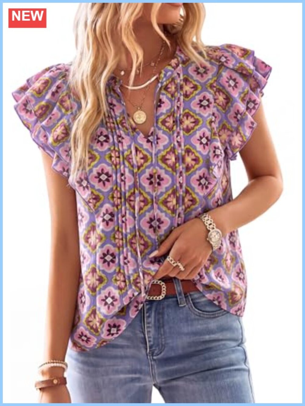 PRETTYGARDEN Women's Flutter Sleeve V Neck Floral Summer Blouse